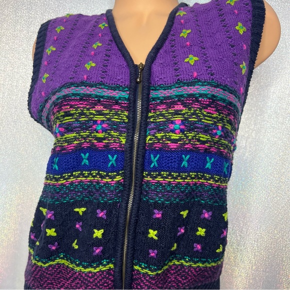 Karen Scott knitted vintage vest sweater zip up green purple blue pink cute - Picture 2 of 6